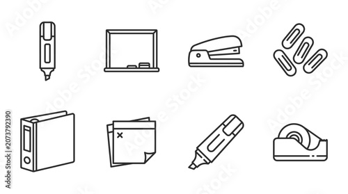 Office Supplies Icons Line Drawings.