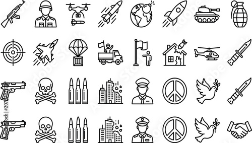 Foto Military war and conflict line icon set vector illustration featuring weapons de