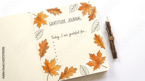 Fotografie Autumn leaves adorn a gratitude journal with a pen on a table indoors