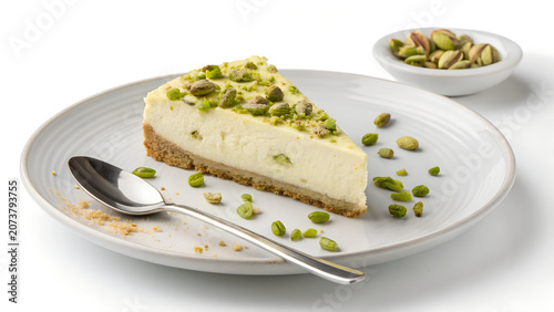 Delicious cheesecake slice, creamy dessert, pistachio topping, white plate