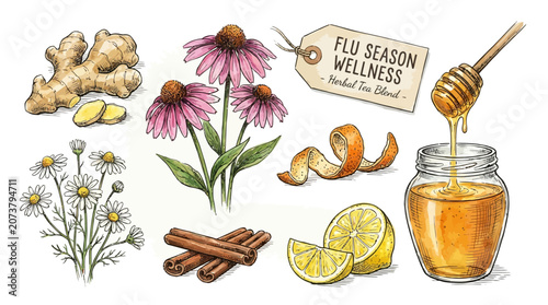 Tableau sur toile A vibrant still life of natural remedies for flu season wellness featuring herbs and honey on a table