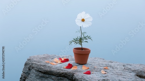 White cosmos flower in terracotta pot on rocky surface with scattered petals against soft blue sky, peaceful nature scene