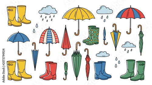 Bild auf Leinwand Colorful rain boots and umbrellas are displayed under rainy weather conditions with clouds and raindrops
