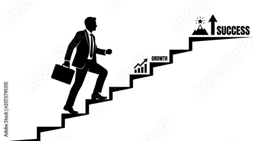 Businessman climbing stairs to success, career growth, professional development, motivation vector isolated on White Background silhouette