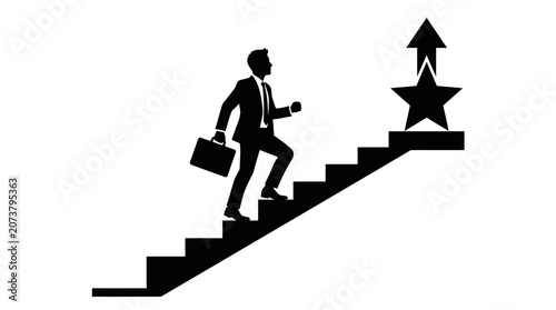 Foto Businessman climbing stairs to success, career growth, achievement, motivation i