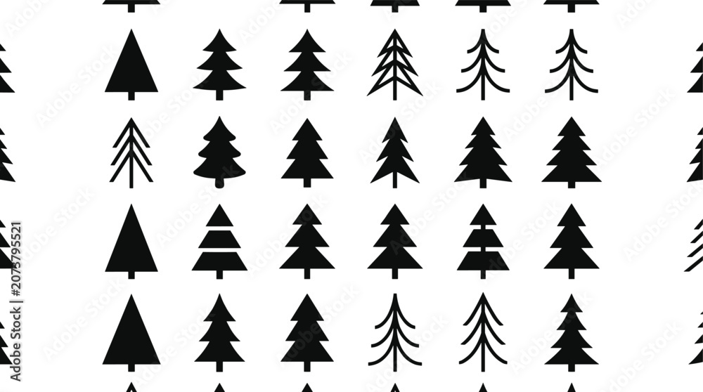 Fototapeta premium PrintStylized pine tree silhouette icons in grid arrangement showcasing geometric variations, forest design elements, nature symbols, and creative environmental graphics