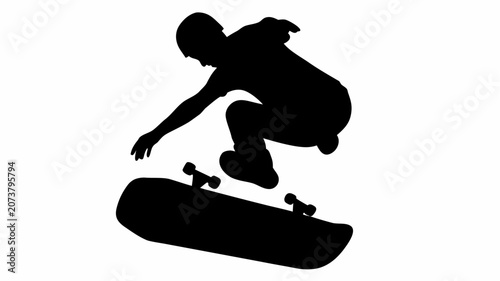 Photos Skateboarder performs aerial stunt with silhouette against white background