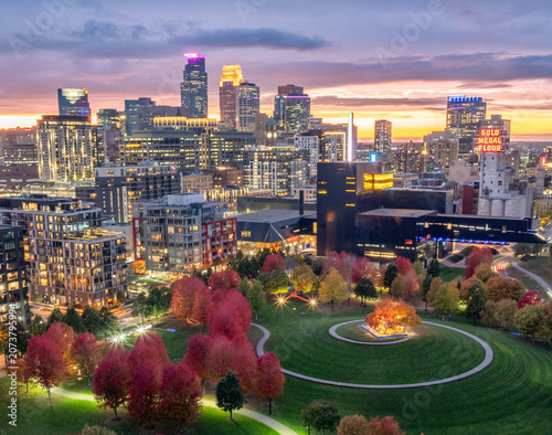Fall sunset at Gold Medal Park in Minneapolis, Minnesota