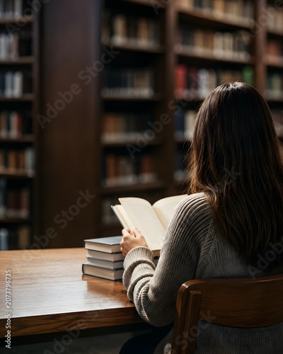 Student Reading Book in Quiet Library