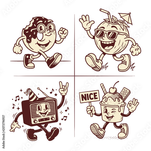 Bild auf Leinwand Retro Line Art Character Quartet