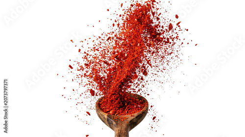 Red chili powder explosion on wooden spoon, vibrant paprika spice splash, aromatic seasoning burst for culinary cooking and food design isolated PNG with Transparent Background