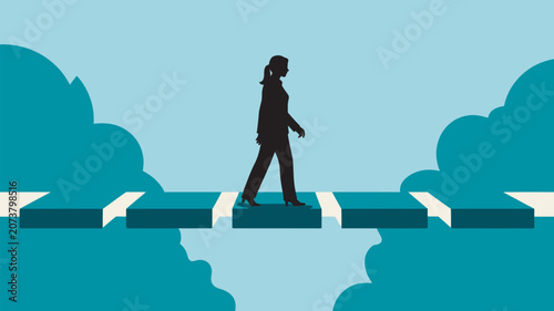 Businesswoman in silhouette walks across a series of floating blocks to demonstrate the concept of overcoming obstacles in a career path.