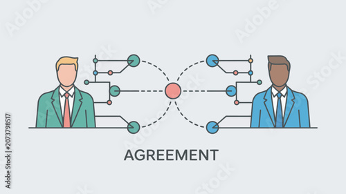 Businessmen standing on opposite sides of a digital network connection represent the successful negotiation of a professional agreement.