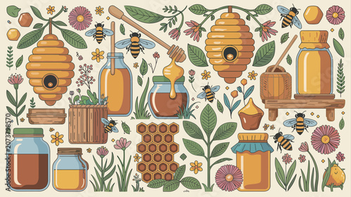 Honeycombs and glass jars filled with golden nectar illustrate the natural process of beekeeping in a rustic garden setting.