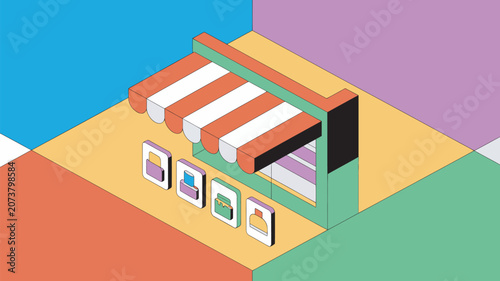 Storefront facade displays various clothing items in an isometric layout for a modern digital shopping experience.