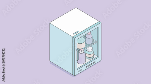 Refrigerator containing various medicine bottles stands alone against a soft purple background.