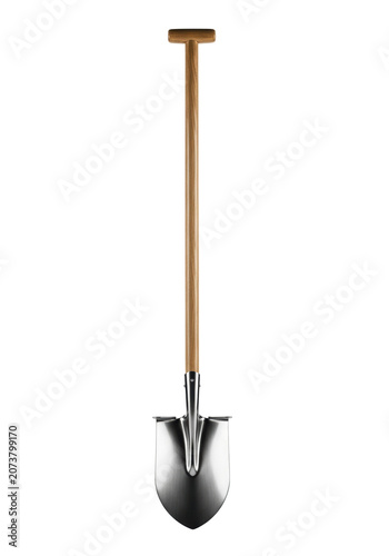 single upright professional garden shovel, light oak handle, high-carbon steel blade, isolated on transparent background with rim light and sharp shadow, showcasing material quality. Concept for