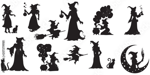 Εκτύπωση καμβά Halloween witch silhouettes mega set with flying broomstick cat cauldron and mag
