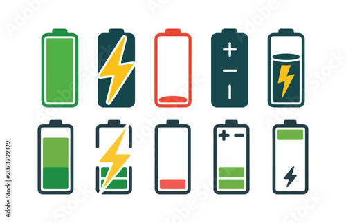 Tableau sur toile Battery energy icons set including lightning bolt symbol and plus minus signs for power management