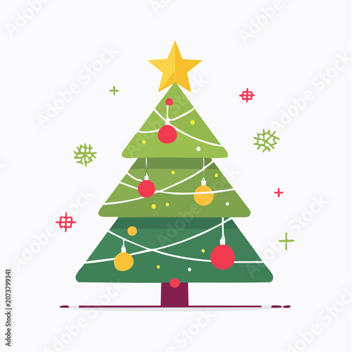 Flat Design Christmas Tree with Ornaments and Star