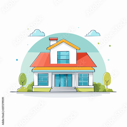 Flat design illustration of a modern house with trees and clouds