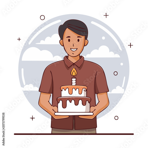 Man holding birthday cake with candle, flat vector illustration