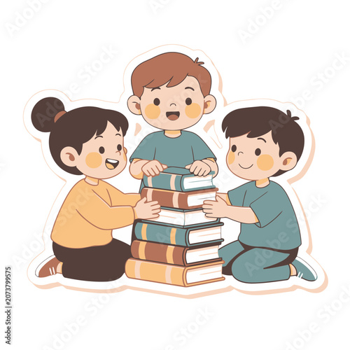 Cartoon children reading books together