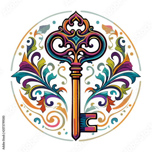 Ornate Key with Floral Pattern in Circular Frame
