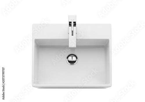 true aerial view of a pristine, high-gloss rectangular white ceramic bathroom sink with a sleek, square chrome faucet, isolated on a white background with copy space, concept of minimalist hygiene