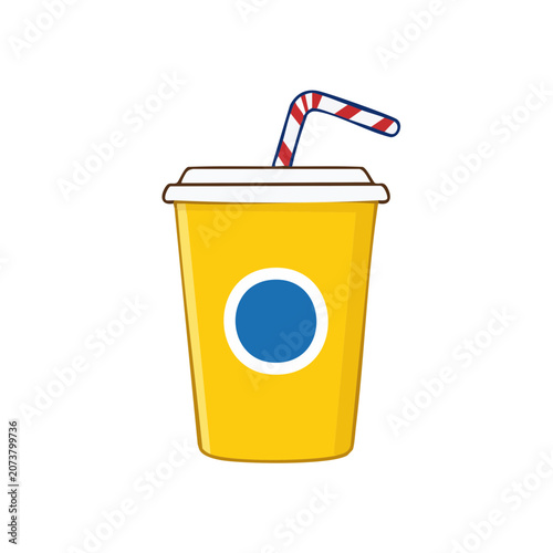 Yellow paper cup with straw and blue logo