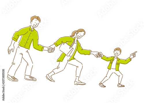 手をつないで笑顔で歩く家族の全身のシンプルなイラスト素材