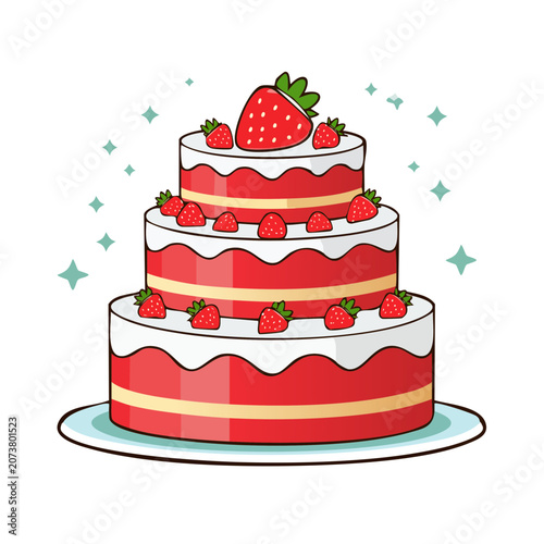 Layered Strawberry Cake Flat Vector Illustration