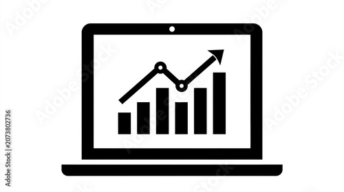 Black laptop icon displaying a rising financial growth bar chart and upward trending arrow graphic presented clearly on white background