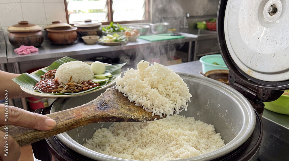 Fototapeta premium Steaming cooked rice in a kitchen with a wooden spoon