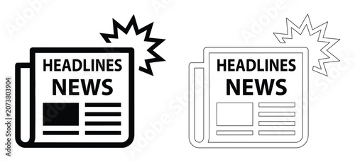 Breaking News Newspaper with Headlines Text and Flash Explosion Symbol Silhouette and Outline Vector Set, Daily Press Journal Clip Art Graphics