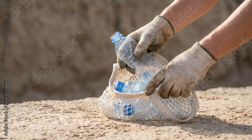 Volunteer cleaning up plastic waste on the shore for ecological environmental protection