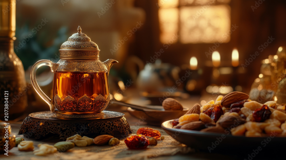Fototapeta premium Elegant Arabic Tea with Nuts and Dried Fruits