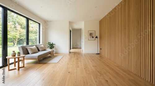 Empty modern room interior with wooden floor and large bright window