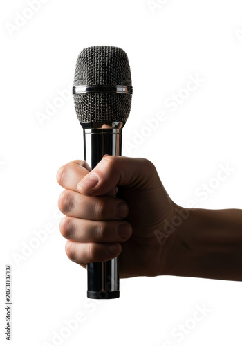 ultra close-up of a professional adult hand gripping a highly reflective vintage chrome dynamic microphone on a transparent backdrop with dramatic chiaroscuro light, audio authority concept