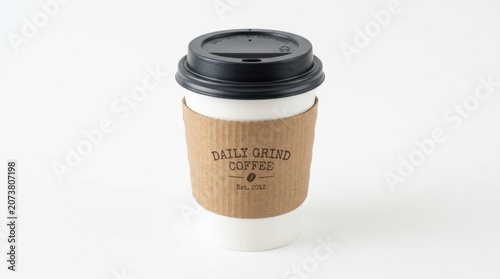 Disposable paper coffee cup with cardboard sleeve isolated on white