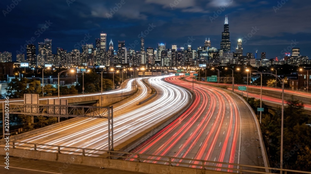 Fototapeta premium Night highway traffic light trails in modern city skyline