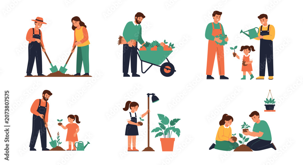Fototapeta premium Set of diverse people engaged in various gardening activities such as planting seeds, digging soil, and watering plants with family.