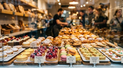 Bakery display case filled with fresh pastries and colorful macarons