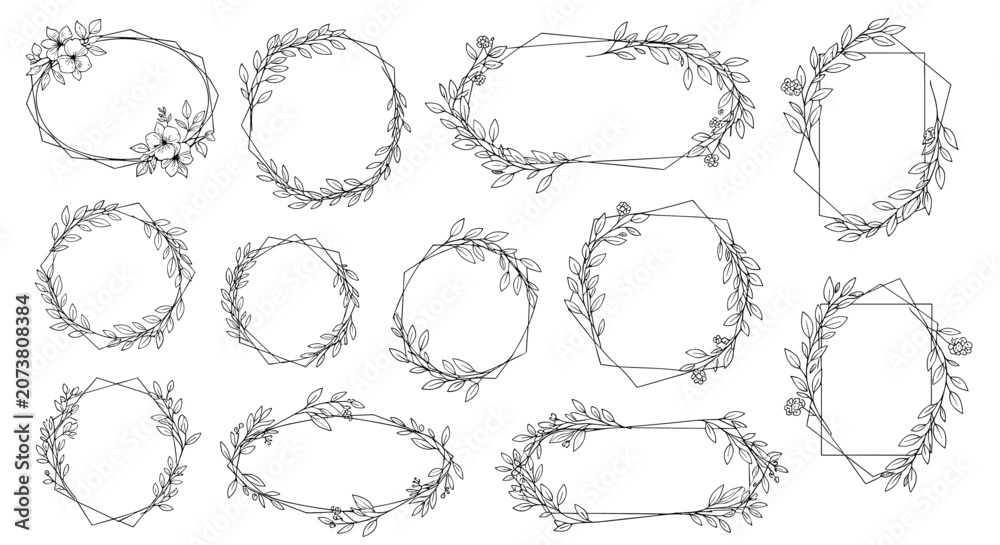 Fototapeta premium Selection of elegant hand-drawn floral and geometric frames and wreaths made of leaves and flowers for wedding invitations and decorative projects.