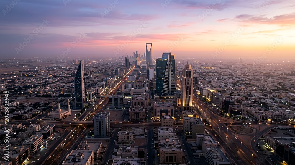 Obraz premium Riyadh City Skyline at Dawn with Pastel Sky and Twinkling City Lights