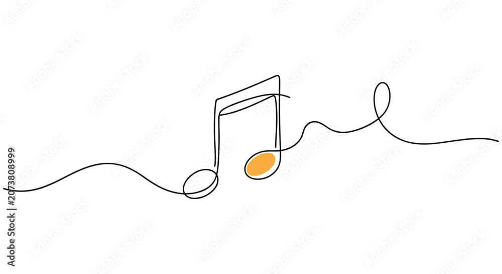 Obraz premium Continuous line drawing of musical notes with subtle orange accents representing melody, rhythm, and artistic sound concepts.