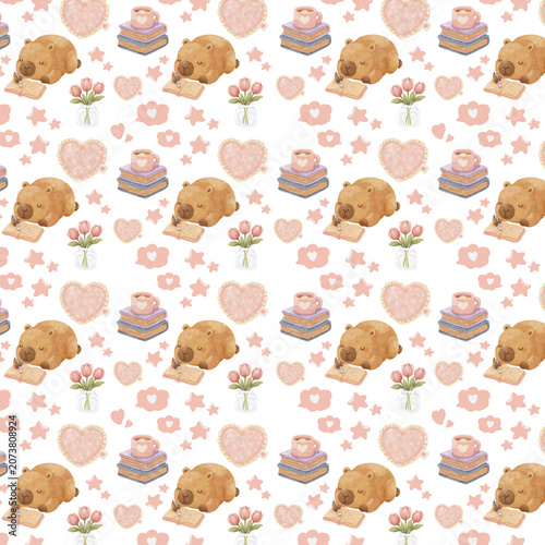 Cute Cozy Relaxing Capybara Watercolor Seamless Pattern Background with Books Coffee Hearts and Home Decor