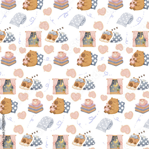 Cute Cozy Relaxing Capybara Watercolor Seamless Pattern Background with Books Coffee Hearts and Home Decor
