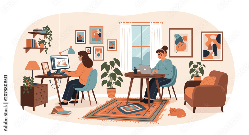 Fototapeta premium Cozy home office interior scene with two women working on laptops at a desk and table surrounded by plants and cat.