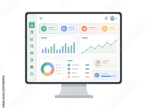 Business Analytics Dashboard UI with Financial Charts Flat Vector Illustration